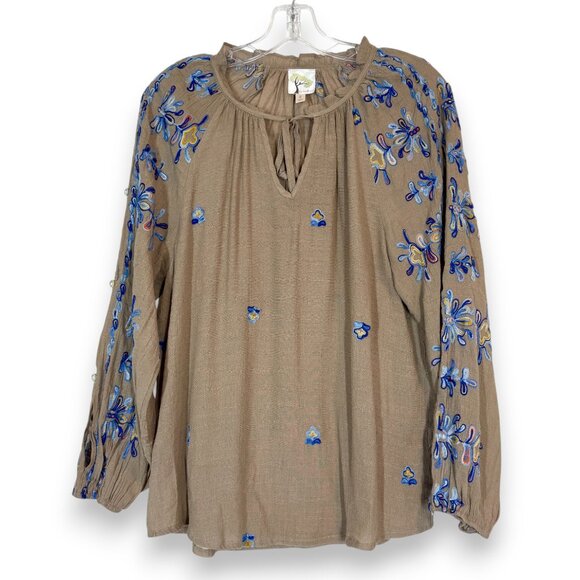 Fig and Flower Embroidered Boho Peasant Blouse Top Large Brown Blue Floral - Picture 1 of 6